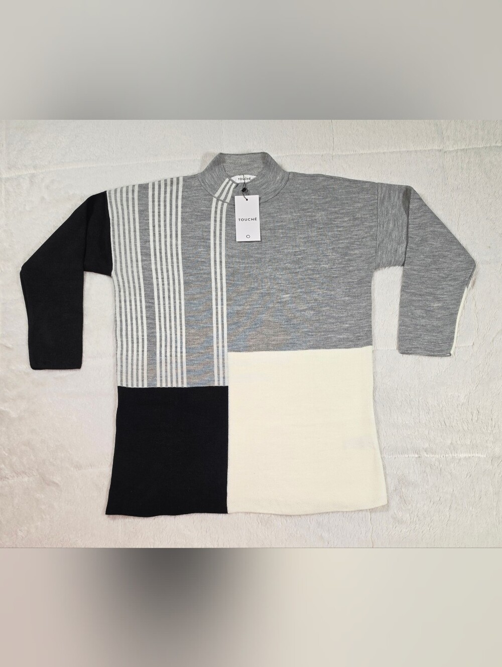 TOUCHE Colorblock Cowl Neck Sweater in Grey, Black & Cream(FAI-03)
